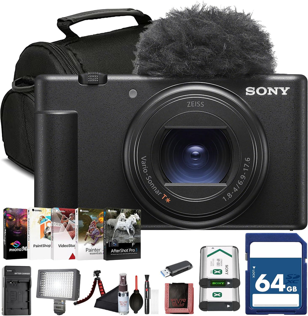 Sony ZV-1 II Compact Vlogging Camera (ILCZV-1M2/B) – 20.1 MP 1″ Sensor, 18–50 mm Wide-Angle Zoom, 4K Video w/ 64GB Card, NP-BX1 Battery, Card Reader, LED Light, Soft Bag and More