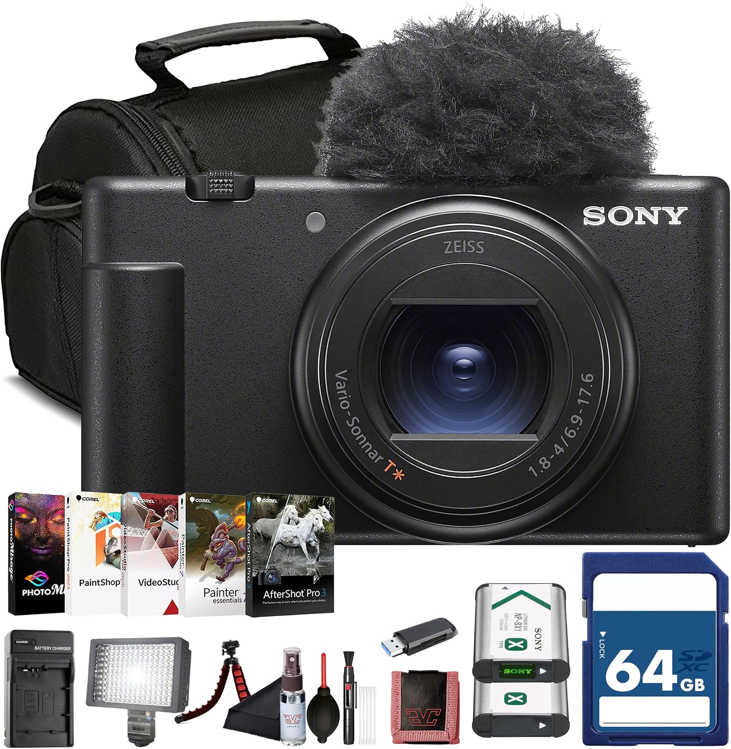 Sony ZV-1 II Compact Vlogging Camera (ILCZV-1M2/B) – 20.1 MP 1″ Sensor, 18–50 mm Wide-Angle Zoom, 4K Video w/ 64GB Card, NP-BX1 Battery, Card Reader, LED Light, Soft Bag and More