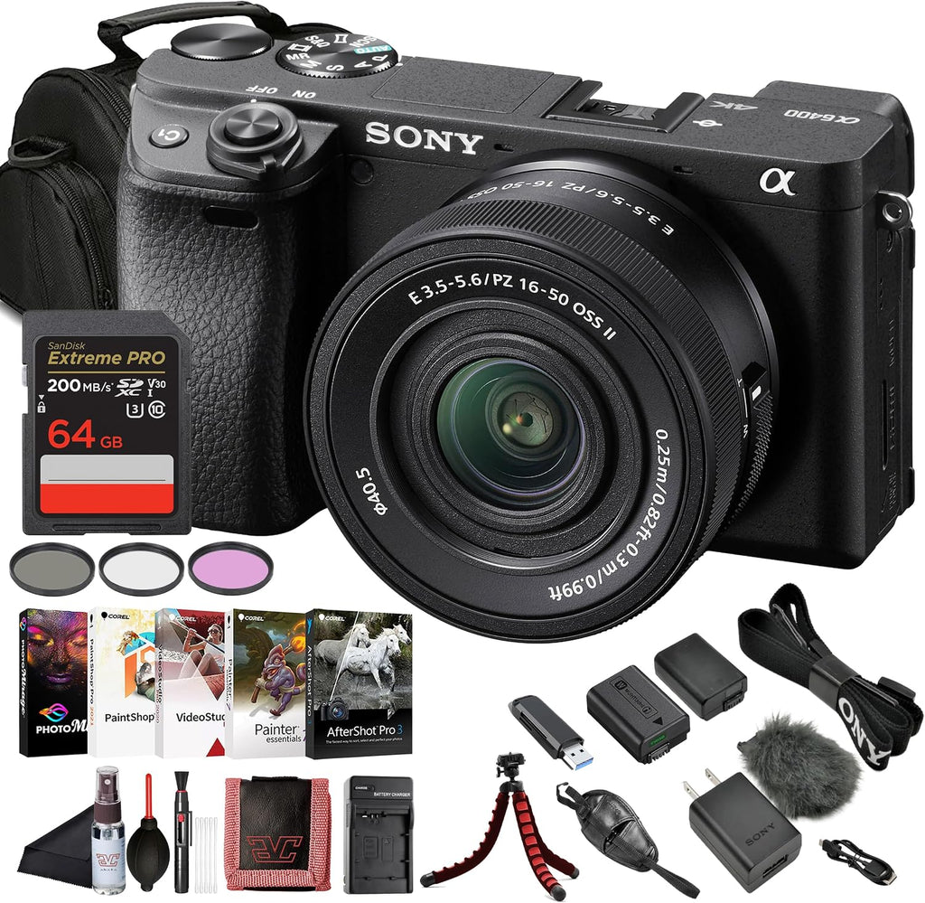 Sony Alpha a6400 Mirrorless Digital Camera with 16–50mm Power Zoom Lens (ILCE-6400L/B) – 24.2 MP APS-C, 4K Video, Real-Time Eye AF w/ 64GB Memory Card + NP-FW50 Battery + Photo Software and More