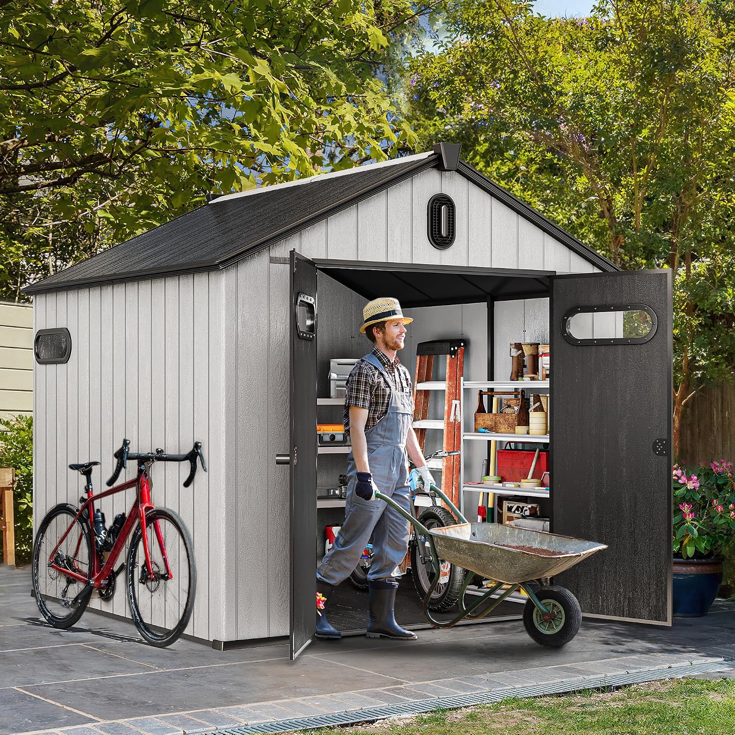 YITAHOME 8x8ft Outdoor Storage Shed with Floor, 427 cuft Waterproof Plastic Garden Shed with Lockable Door, Windows & Vents, Plastic Tool Storage for Patio Furniture, Lawn Mower, Bike Storage, Gray