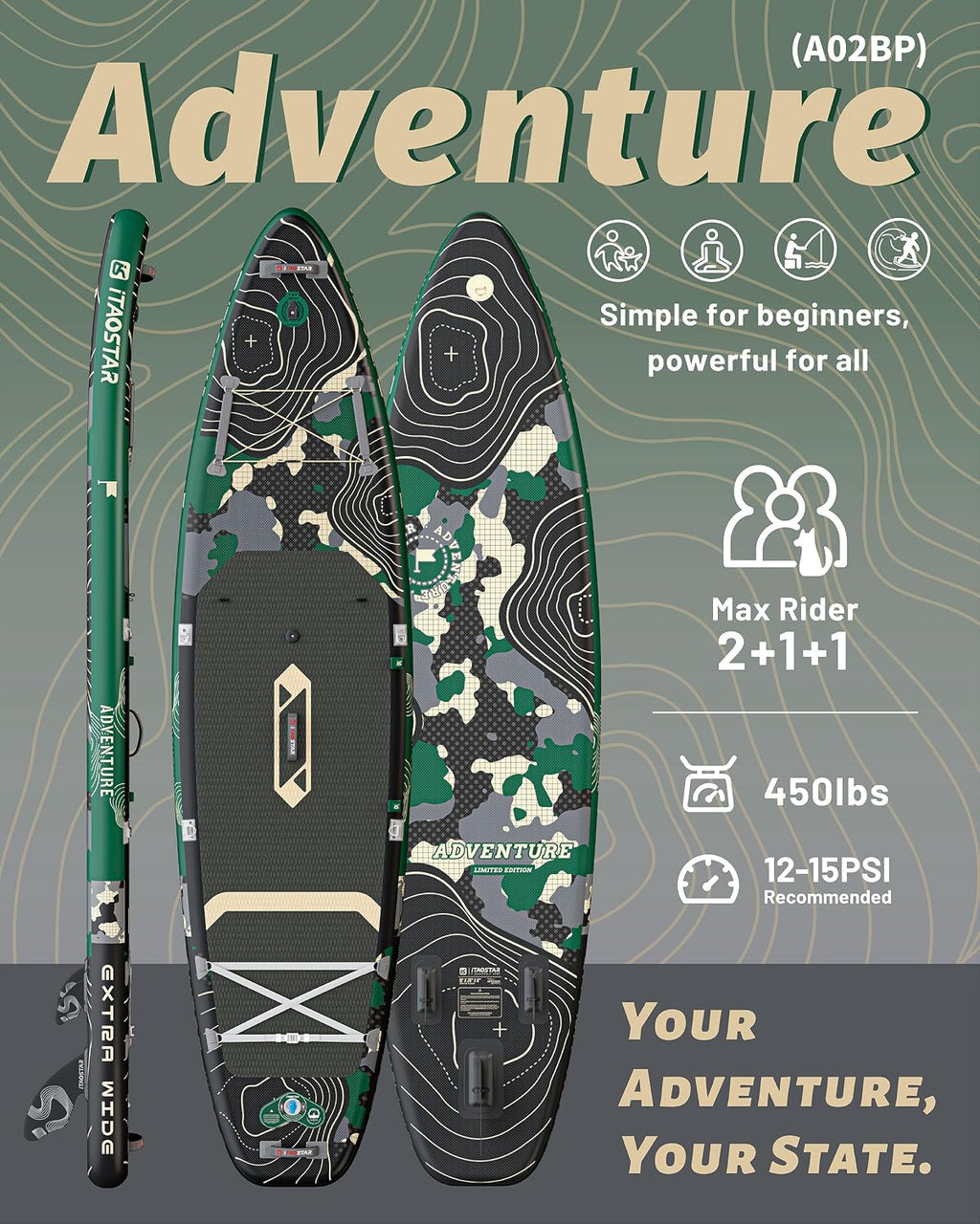 iTAOSTAR Adventure 12' × 35'/39' Inflatable Stand Up Paddle Board with Seat, Extra Wide SUP Board with 5 Fins Stable Design for Adults, Youth, All Skill Levels, Lakes, Oceans & Fishing