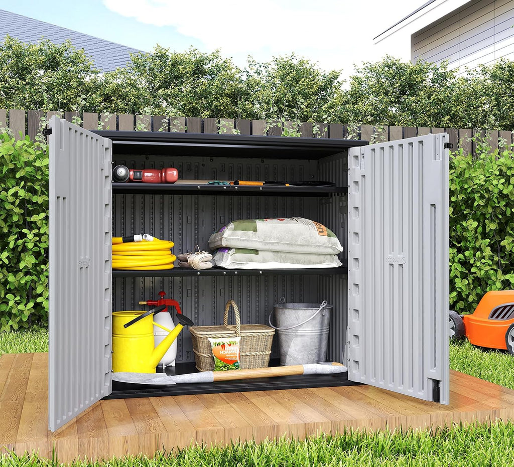ZZM 37 Cu.ft Outdoor Storage Shed with Floor HDPE Double-Wall Resin Sheds Outdoor Storage, Lockable Weatherproof Storage Cabinet Fit for Garden Tools, Garage can, Bike, Patio Furniture, Grey