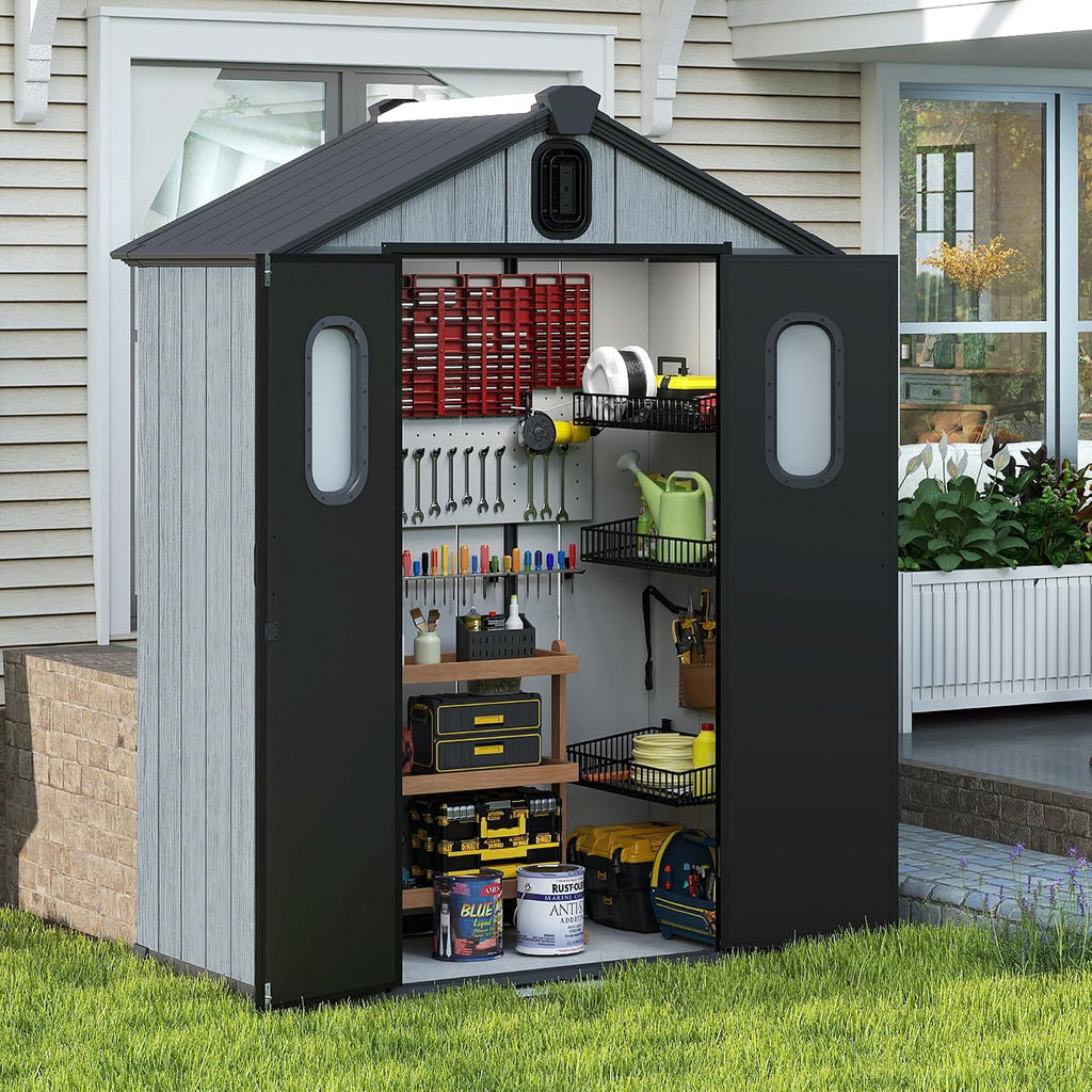 Domi 5x3FT Outdoor Resin Storage Shed with Transparent Windows & Louvered Vents, Plastic Tool Shed with Double Lockable Doors & Gable Roof, Outside Garden Shed for Backyard, Patio, Lawn, Grey