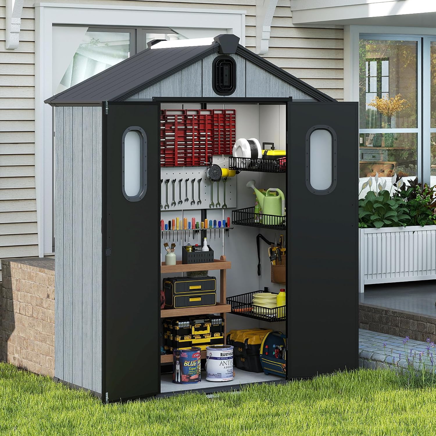Domi 5x3FT Outdoor Resin Storage Shed with Transparent Windows & Louvered Vents, Plastic Tool Shed with Double Lockable Doors & Gable Roof, Outside Garden Shed for Backyard, Patio, Lawn, Grey