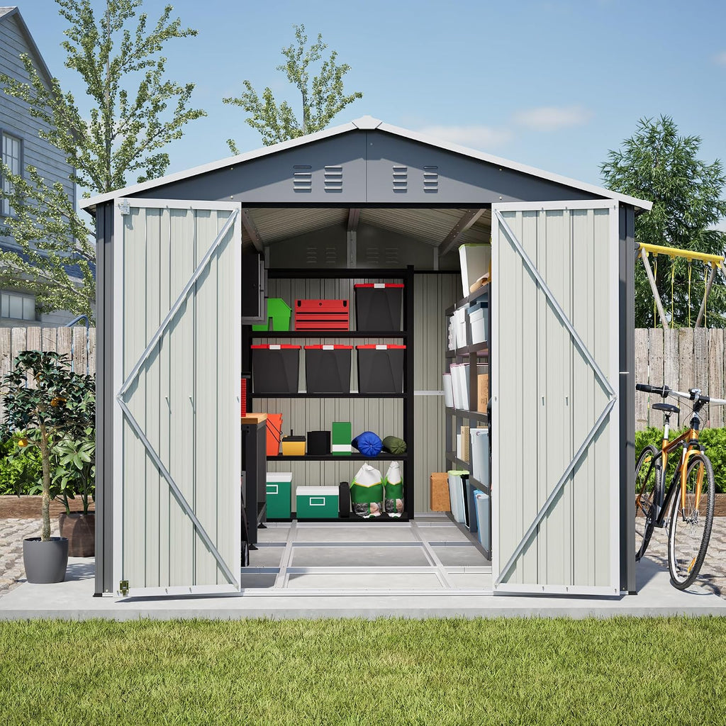 YOPTO 8x12 FT Metal Outdoor Storage Shed,Garden Shed W/ 2 Reversible Lockable Doors & Updated Frame Structure,Outdoor Backyard Tool House W/ 4 Air Vents & Sloped Roof,for Patio,Lawn,Grey