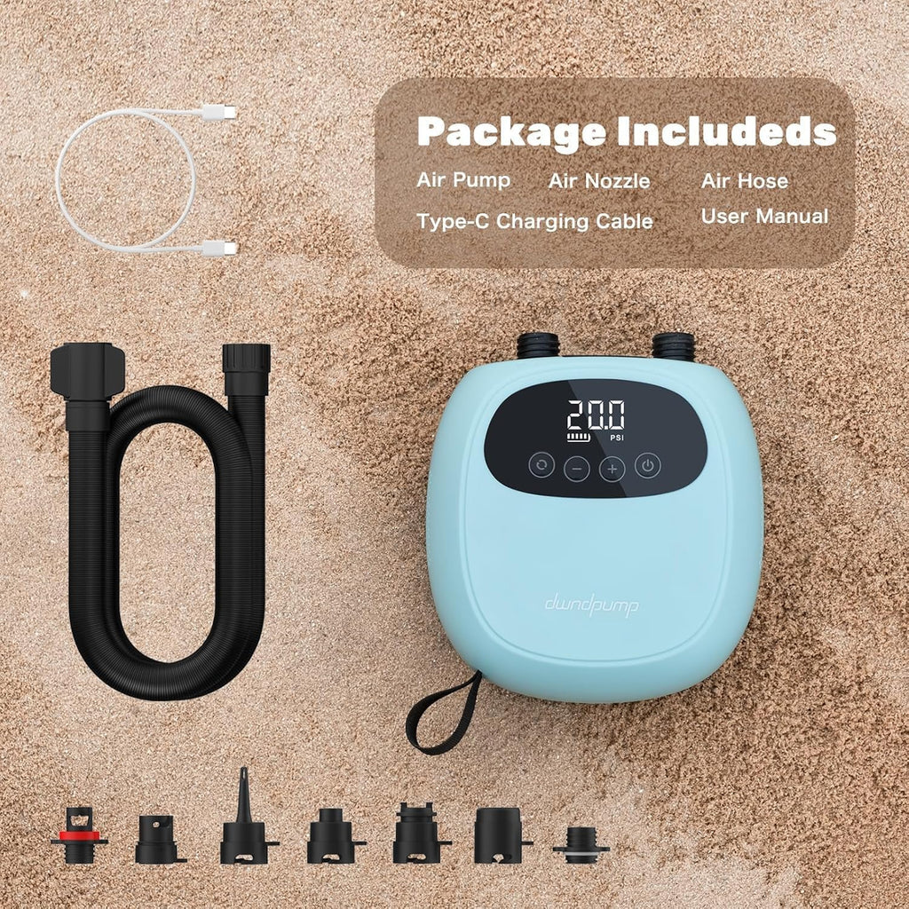 dwndpump Electric Paddle Board Pump, Rechargeable 20PSI SUP Pump, Dual-Stage Inflation and Deflation Sup Air Pump, Portable Electric Pump for Kayaks, Wind Wings, SUPs