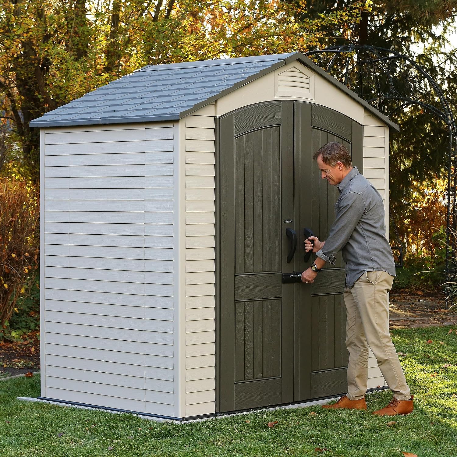 Lifetime 7x4.5 Ft Outdoor Storage Shed, Double Wall Construction, Steel-Reinforced Doors, UV Protected HDPE, Adjustable Shelving, Ridge Skylight, 165 Cu Ft Capacity