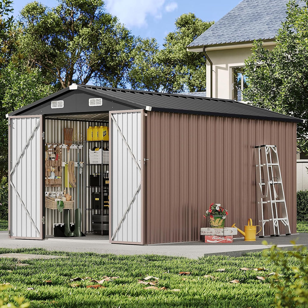 8x12FT Outdoor Storage Shed, Metal Garden Shed with Lockable Double Doors & Sloping Roof, Weather-Resistant Tool Shed for Backyard, Patio, Poolside Brown