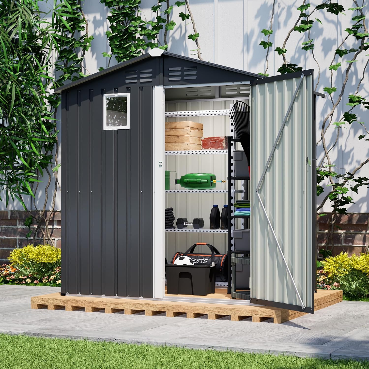 6x4ft Tool Storage Shed with Lockable Doors & Window, Metal Garden Tool Shed with Sloped Roof, Steel Outdoor Storage Shed for Garden, Patio, Garage, Backyard, Lawn - Dark Gray