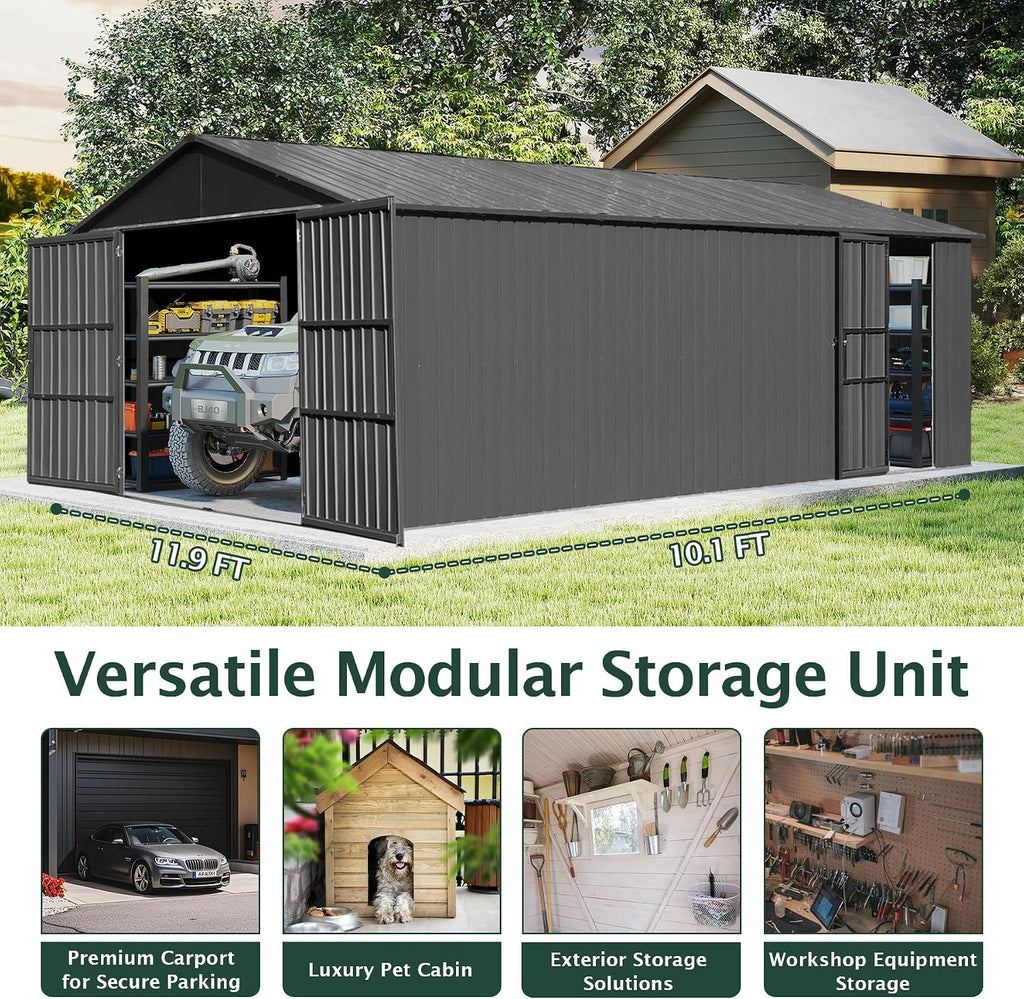 Domi 12'x20' Outdoor Metal Garage Shed, All Weather Enclosed Carport with Sidewalls & 2 Lockable Doors, Extra Large Backyard Storage Shed for Car, Truck, Lawn Mower, 80MPH Wind Resistance, Dark Grey