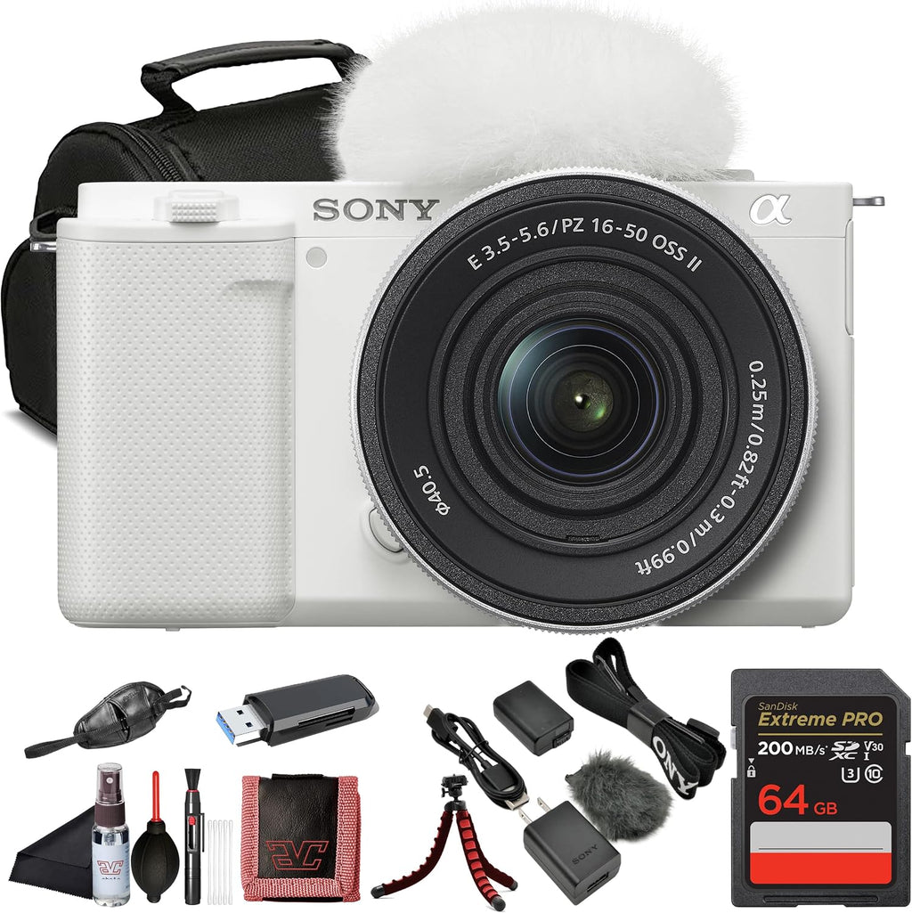 Sony ZV-E10 Mirrorless Camera White with 16-50mm Power Zoom Lens (ILCZV-E10L) – 24.2 MP APS-C Sensor, 4K Video, Vari-Angle Screen w/ 64GB Memory Card, Bag, Card Reader, HDMI Cable and More