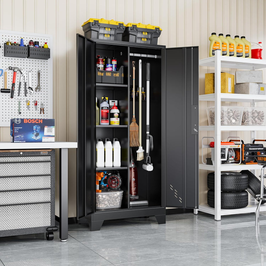 VASAAOSD 61' Broom Closet Storage Cabinet, Metal Storage Cabinet with Doors, Utility Cabinets for Brooms and Mops, Cleaning Tool Cabinets for Garage, Laundry Room, Bathroom