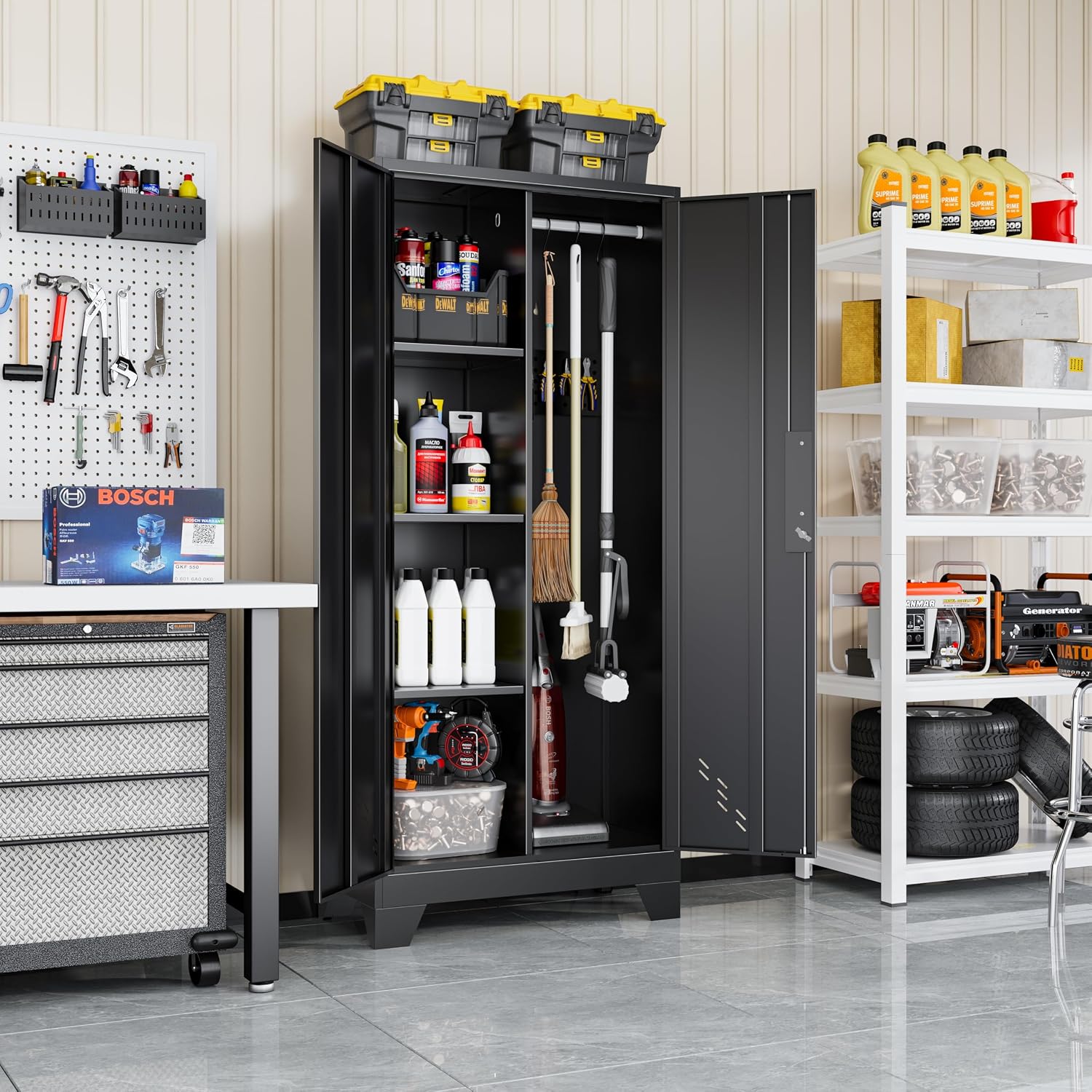 VASAAOSD 61' Broom Closet Storage Cabinet, Metal Storage Cabinet with Doors, Utility Cabinets for Brooms and Mops, Cleaning Tool Cabinets for Garage, Laundry Room, Bathroom