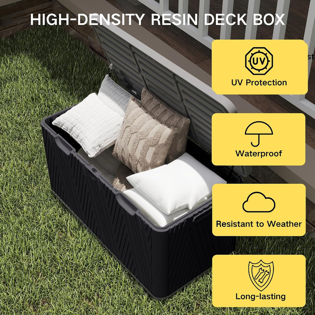 Kingdura 110 Gallon Outdoor Storage Box, Waterproof Resin Deck Box for Indoor and Outdoor Use, Lockable Storage Container for Patio Furniture Cushions Garden Tools (Black, 110 Gallon)