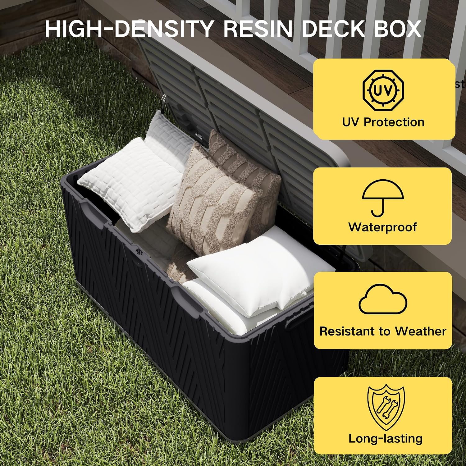 Kingdura 110 Gallon Outdoor Storage Box, Waterproof Resin Deck Box for Indoor and Outdoor Use, Lockable Storage Container for Patio Furniture Cushions Garden Tools (Black, 110 Gallon)