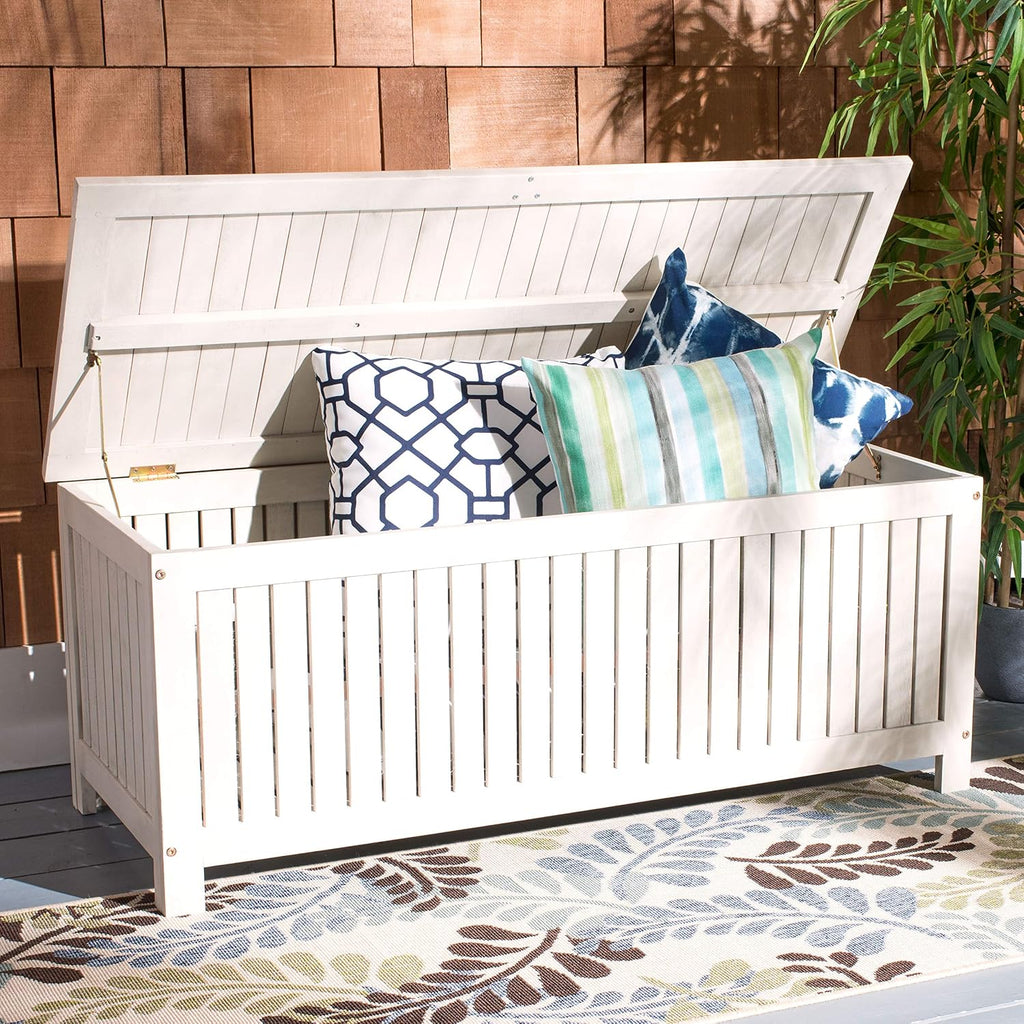 SAFAVIEH Outdoor - Abri Cushion Storage Box - White Washed Solid Wood - Coastal Resort Storage Bench Design - Ideal for Patio, Deck, Porch, Backyard, 18' W x 47' D x 19' H (PAT7037C)