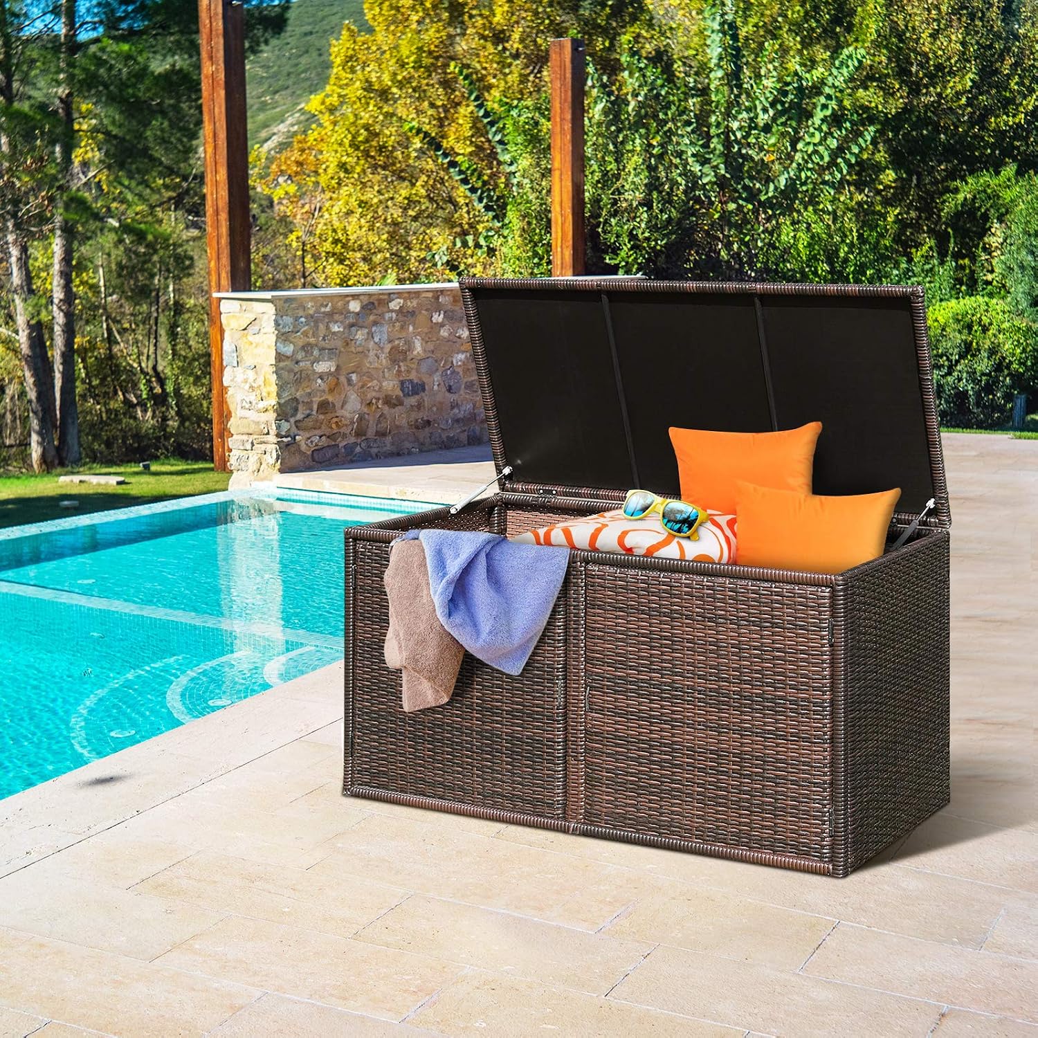 Giantex Rattan Deck Box 73 Gallon Wicker Storage Box W/Separate Storage Shelf, Openable Door, Steel Frame, Toys and Tools Organize for Yard, Garden, Balcony, Porch, Patio Rattan Storage Box (Brown)
