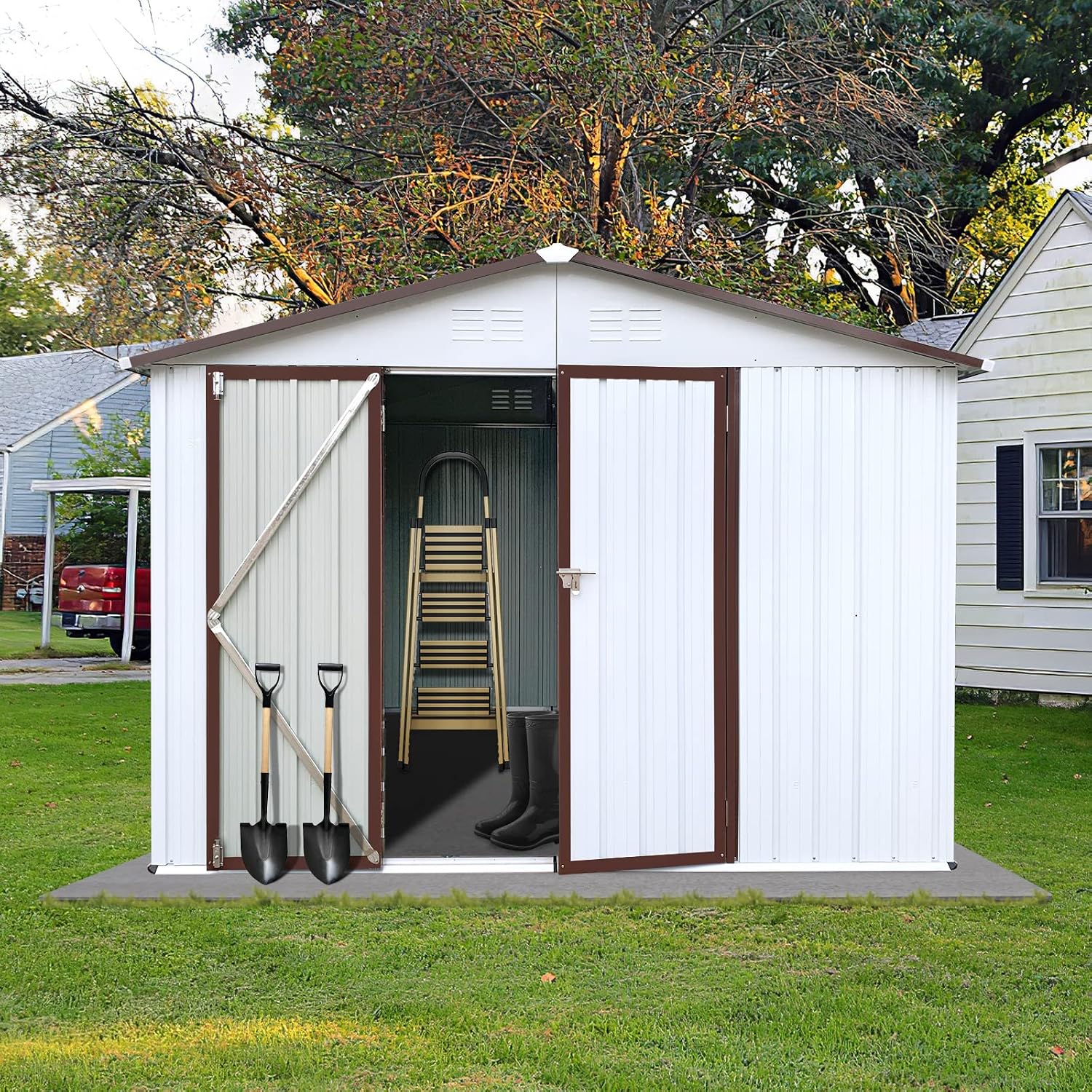 Metal Outdoor Storage Shed 8 x 10 FT, Steel Utility Tool Shed Storage House with Sloping Roof and Lockable Door, Waterproof Garden Storage Tool Shed for Backyard Patio Lawn (White, 8X10 FT)