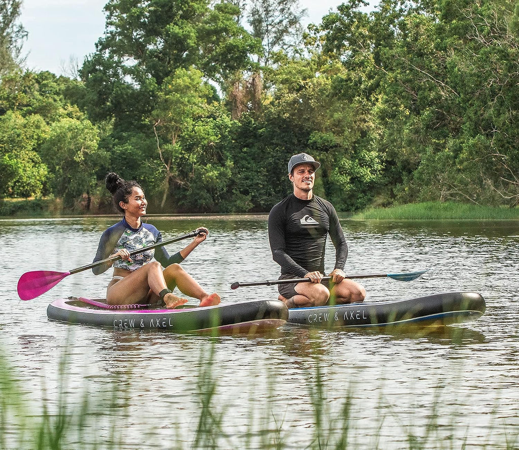Crew Axel Inflatable Paddle Board 10'33'6' Extra Wide & Lightweight (18lb) Paddle Board – Premium SUP Set Includes 2 Bags, Floating Paddle, Camera Mount, 3 Fins, Dual Pump Kit