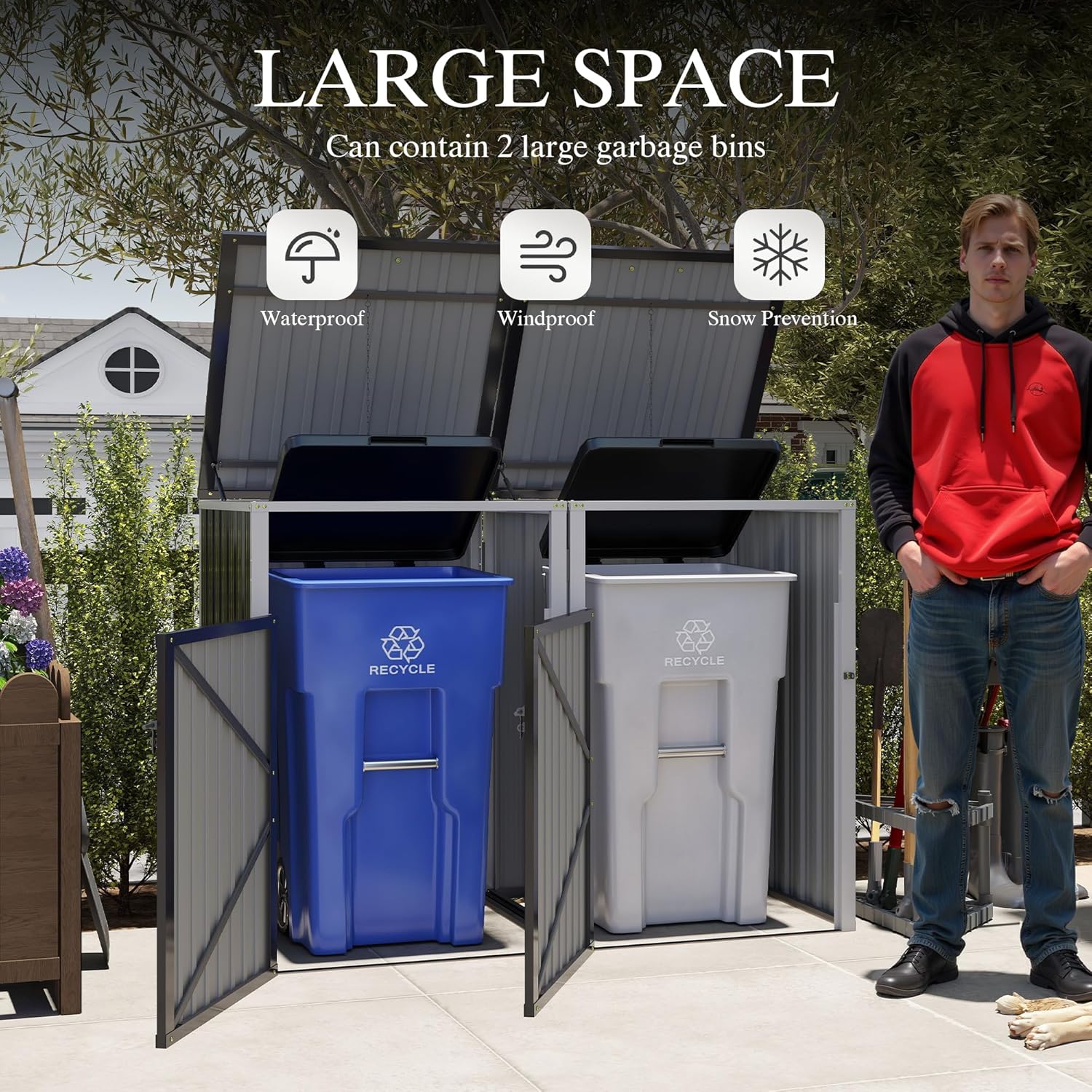 54 Cu Ft Outdoor Storage Shed, Metal Garbage Tool Trash Can Storage, Stainless Galvanized Steel, Pneumatic Support Rod, 2 Chains, Bike Storage Shed for 2 Trash Bins (Dark Gray)