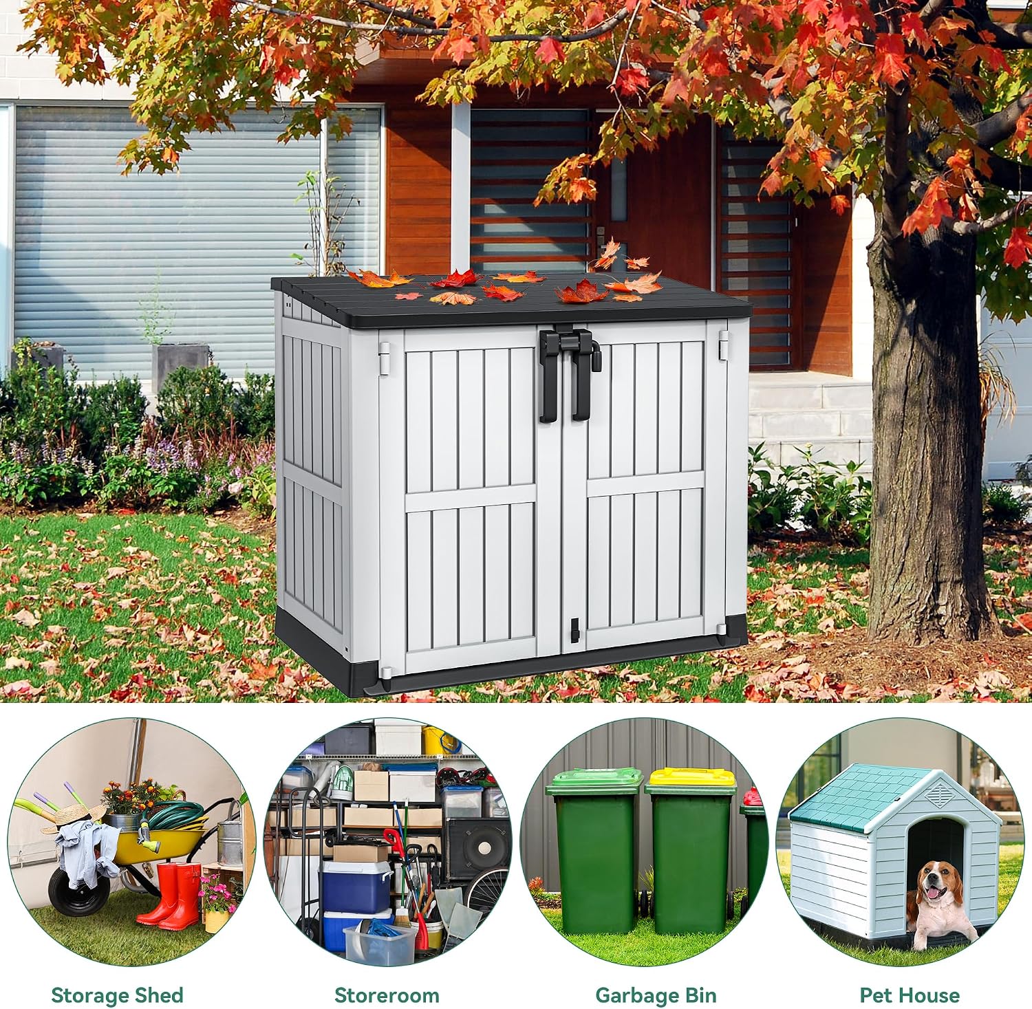 YITAHOME Light Gray Resin Tool Shed, 36 Cu Ft Waterproof Outdoor Horizontal Storage, Weather-Resistant Utility Shed with Air Vent for Trash and Lockable Doors, Garden Tools