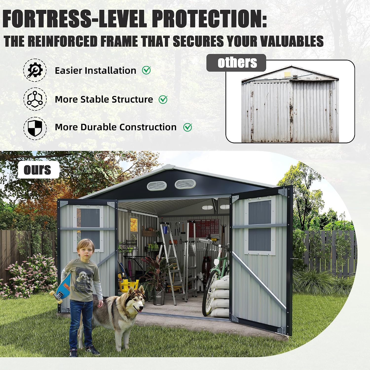 YOPTO 8x8 SF Outdoor Storage Shed,Metal Shed with Lockable Doors & 4 Daylight Windows,Garden Tool Shed w/Air Vents & Sloped Roof, Ideal for Backyard,Patio,Lawn,Dark Gray