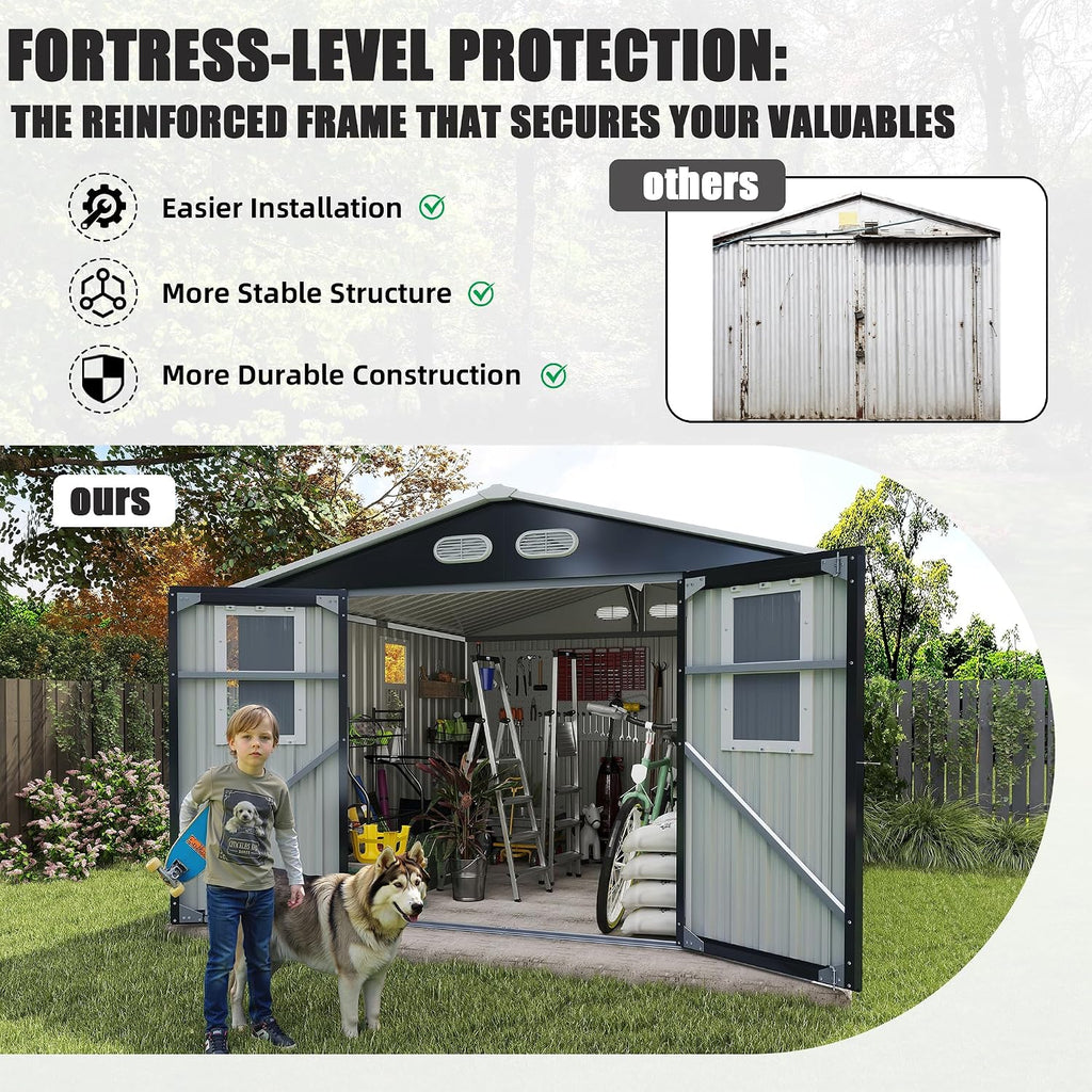 8x8 FT Outdoor Storage Shed:Heavy-Duty Metal Garden Sheds & Outdoor Storage Solution with 4 Daylight Windows,Lockable Doors,Waterproof&UV-Resistant,Shed for Backyard Tool Storage (Dark Gray)
