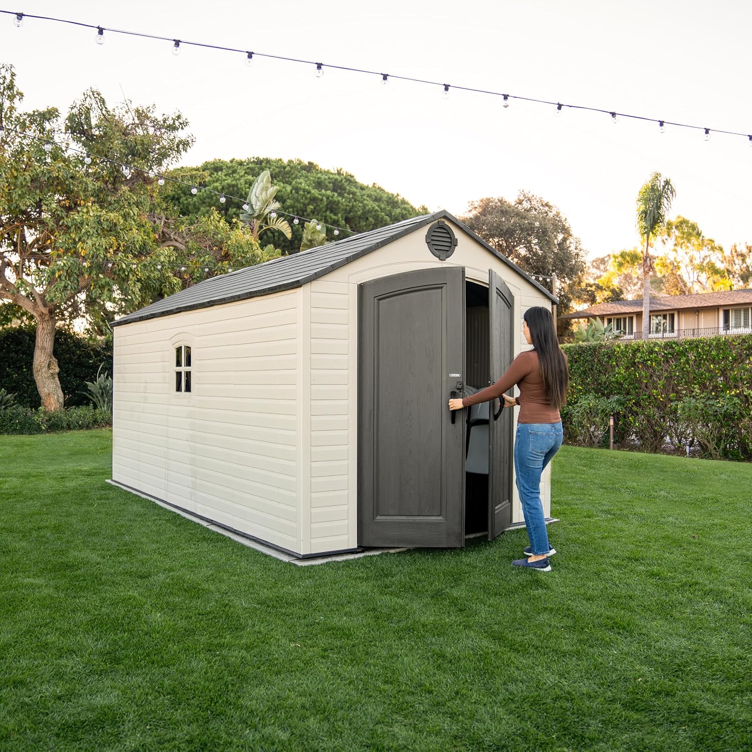 Lifetime Outdoor Storage Shed, 8x15 Ft, Desert Sand, Resin Backyard Tool Shed with Lockable Doors and Weather-Resistant Panels