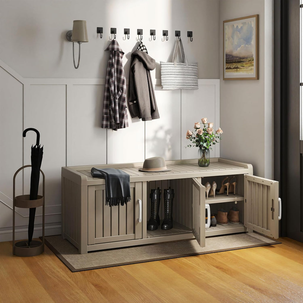 EasyUp Shoe Bench Entryway, Waterproof Resin Shoe Cabinet,Outdoor Shoes Storage Bench, 2-Tier Hallway Shoes Rack with Adjustable Shelves for Entryway, Living Room, Bedroom