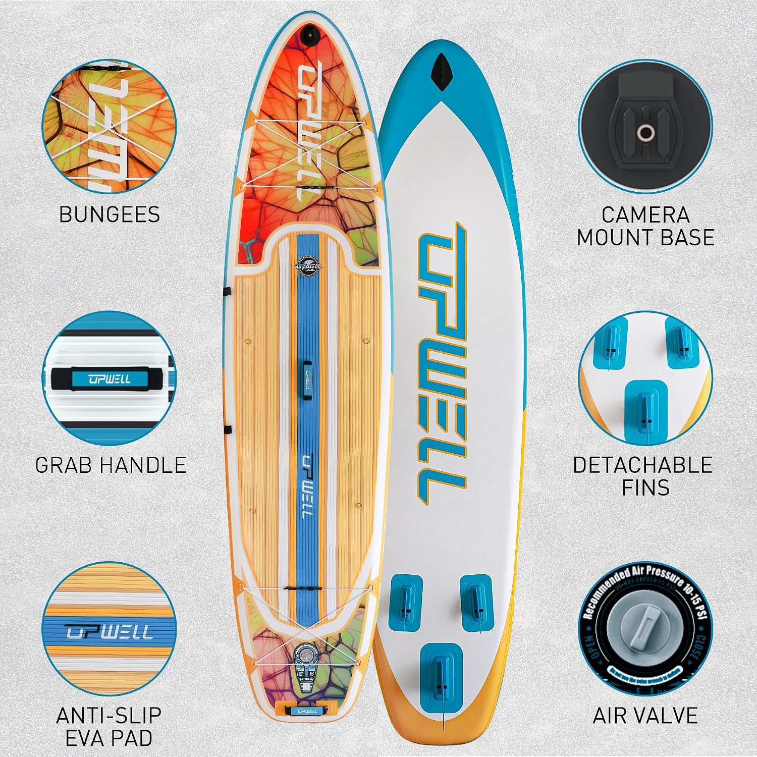 UPWELL 11'6'/11'2'/11'/10'8'/10'6'/10'2' Inflatable Stand Up Paddle Board with sup Accessories Including Backpack, Repairing Kits, Non-Slip Deck, Leash, 3 Fins, Paddle and Hand Pump
