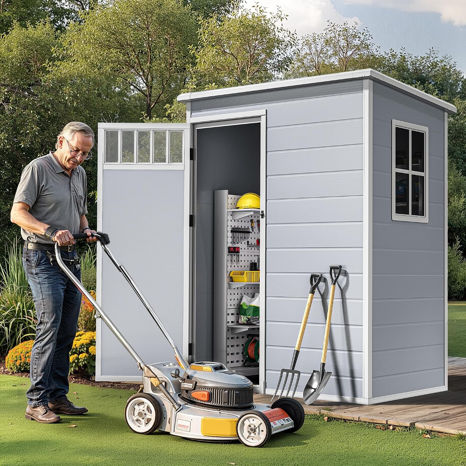 DWVO 5x3FT Outdoor Storage Shed with Fence-Style and Side Windows, Floor, Lockable Doors, Plastic Storage Shed for Backyard and Garden, Gray