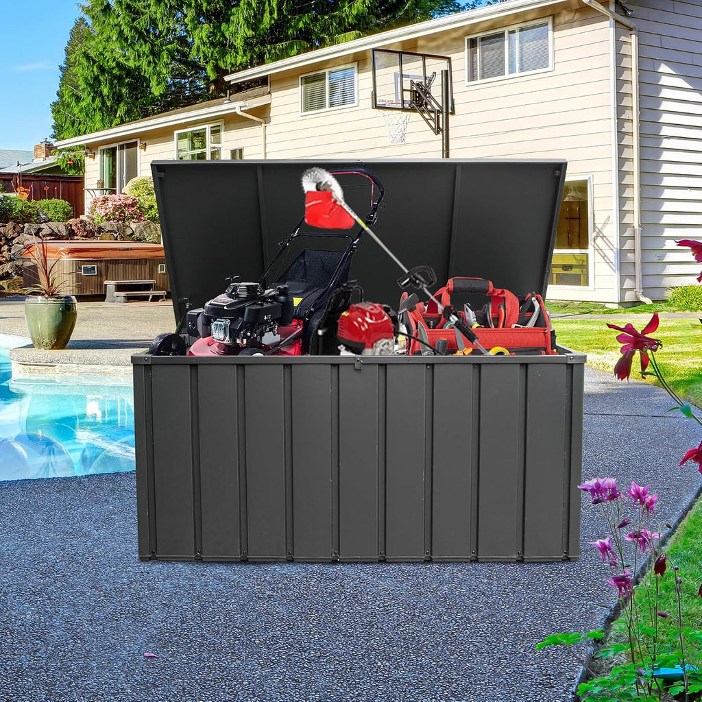 Domi 150 Gallon Deck Box, Outdoor Metal Lockable Storage Cabinet, Waterproof Steel Outdoor Bench with Lockable Lid, Side Handles & Rolling Casters for Outside Cushions, Pillows, Garden Tools, Grey