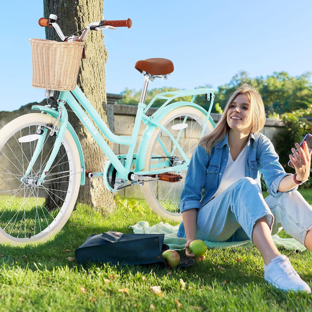 20'/24' Inch Girls Cruiser Bike 1-Speed Hybrid City Bicycle for Youth 7-10+ Years Old with Wicker Basket & Rear Rack，Kids Cycle Bikes，Hand&Pedal Brake，Steel Frame，Multiple Colors