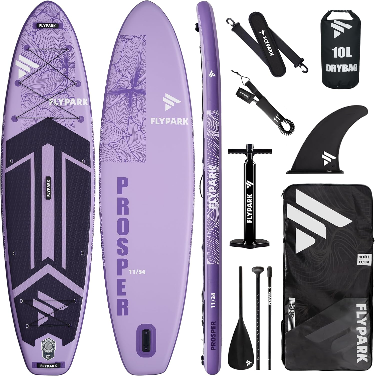 Flypark 11'x34 Inflatable Paddle Boards, Extra Wide SUP for 420lbs/3Adults, Yoga Stand Up Paddle Board, 110L Backpack, 15 D-Rings, Shoulder Strap, US-Fin, 2-Action Pump