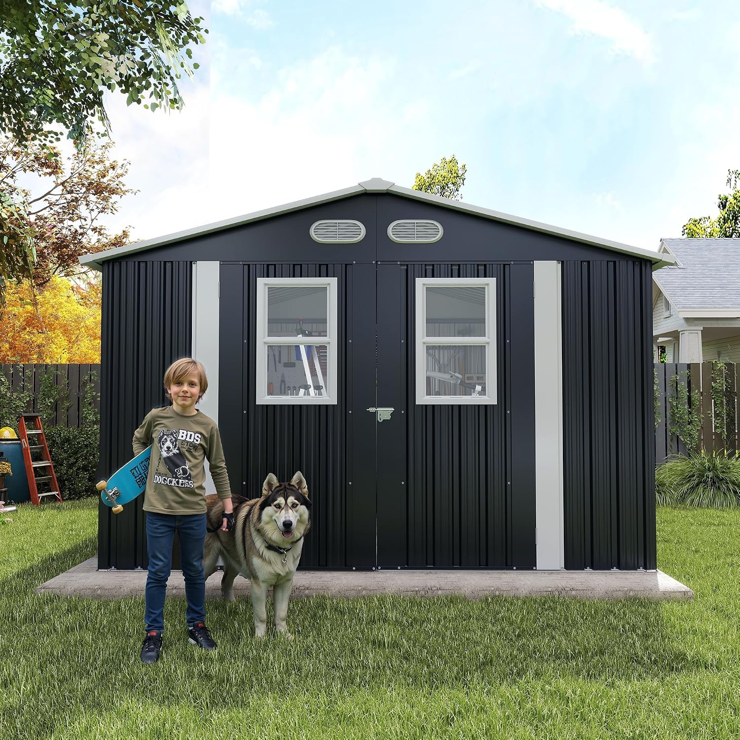 YOPTO 8x8 SF Outdoor Storage Shed,Metal Shed with Lockable Doors & 4 Daylight Windows,Garden Tool Shed w/Air Vents & Sloped Roof, Ideal for Backyard,Patio,Lawn,Dark Gray