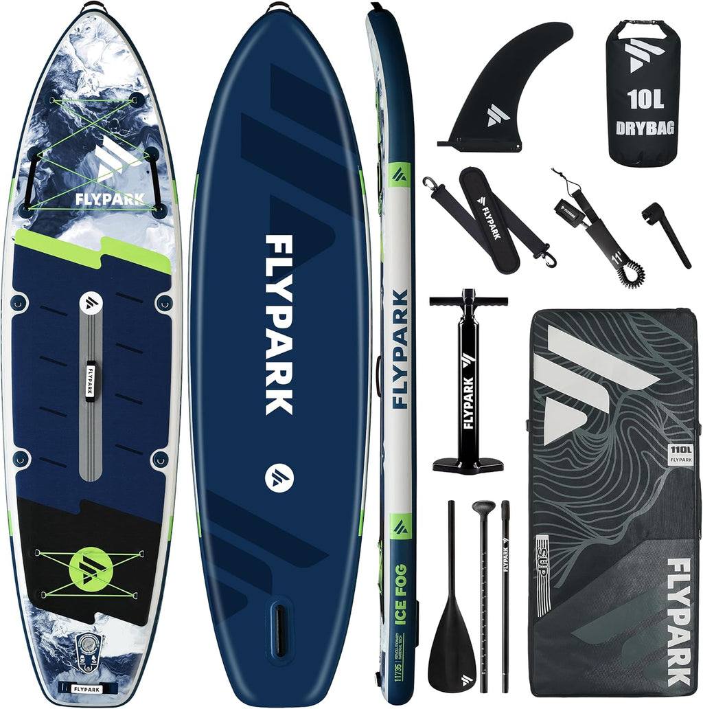 Flypark 10'8/11'x35'' Fishing&Family Stable Inflatable Paddle Boards, Extra Wide SUP Paddleboard Inflatable, 430lb/3 People, Stand Up Paddle Board for Adults, Camera Mount, Shoulder Strap, Rod Holder