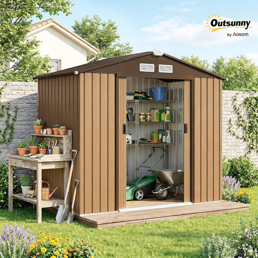 Outsunny 7' x 4' Outdoor Storage Shed, Garden Tool Metal Shed with Foundation Kit, Double Lockable Door, Air Vents and Sloping Roof, for Backyard, Patio, Lawn, Yellow