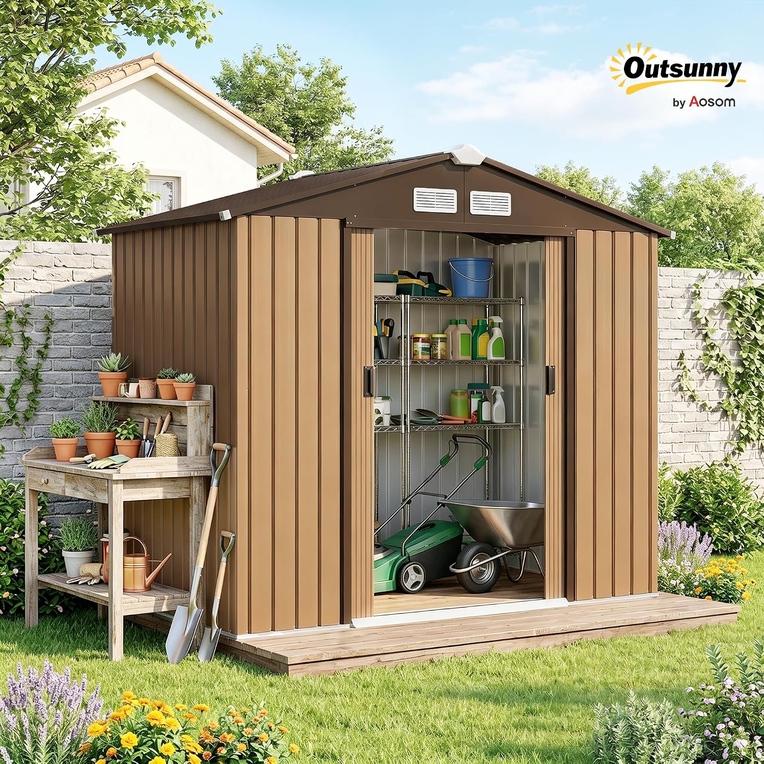 Outsunny 7' x 4' Outdoor Storage Shed, Garden Tool Metal Shed with Foundation Kit, Double Lockable Door, Air Vents and Sloping Roof, for Backyard, Patio, Lawn, Yellow