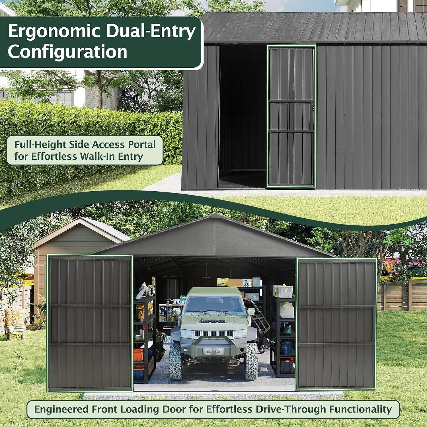 Domi 12'x20' Outdoor Metal Garage Shed, All Weather Enclosed Carport with Sidewalls & 2 Lockable Doors, Extra Large Backyard Storage Shed for Car, Truck, Lawn Mower, 80MPH Wind Resistance, Dark Grey