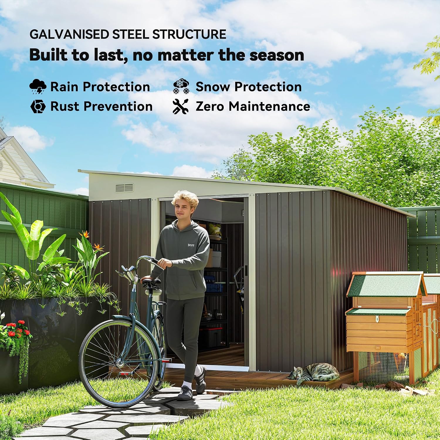 Outsunny 11' x 9' Outdoor Storage Shed, Metal Garden Tool House with Sloping Roof and Lockable Door for Backyard, Bike, Patio, Garage, Lawn, Gray