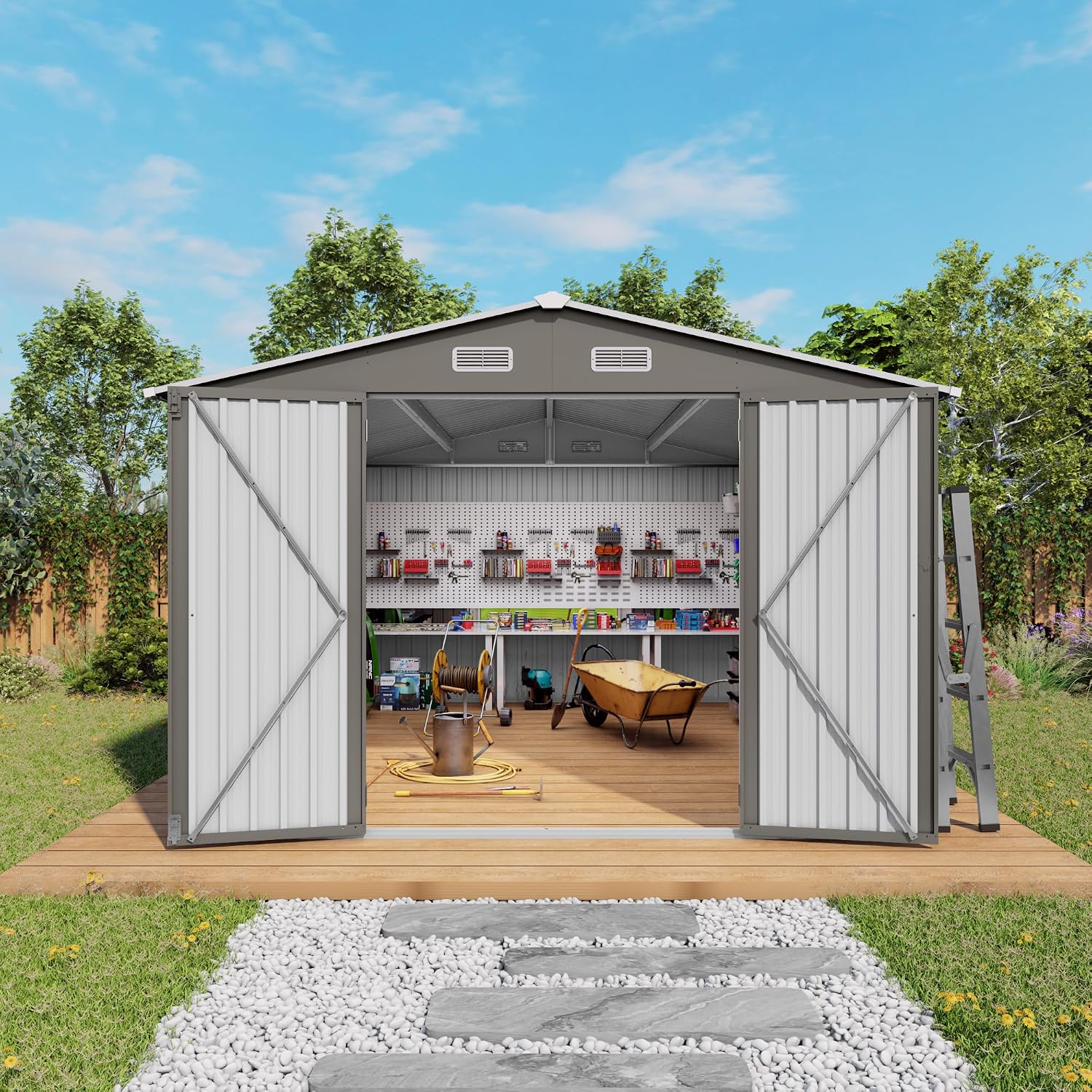 10x12 FT Outdoor Storage Shed, Large Metal Garden Shed with 2 Windows, Outside Tool Sheds with Lockable Hinged Doors, Waterproof Storage Building with 4 Air Vents for Backyard, Patio, Lawn, Gray