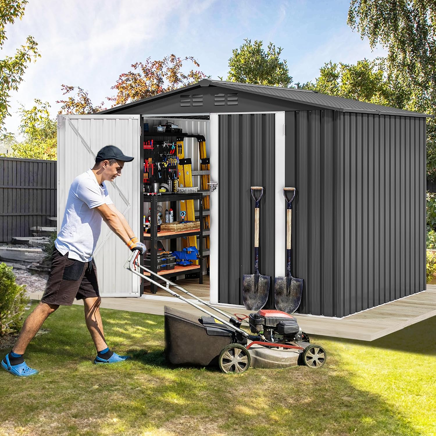 DWVO 7'x5' Large Metal Outdoor Storage Shed, Heavy Duty Tool Storage Sheds for Backyard Patio Lawn - Ideal for Bicycles, Garden Tools, and Lawn Equipment, Easy-to-Assemble, Dark Gray