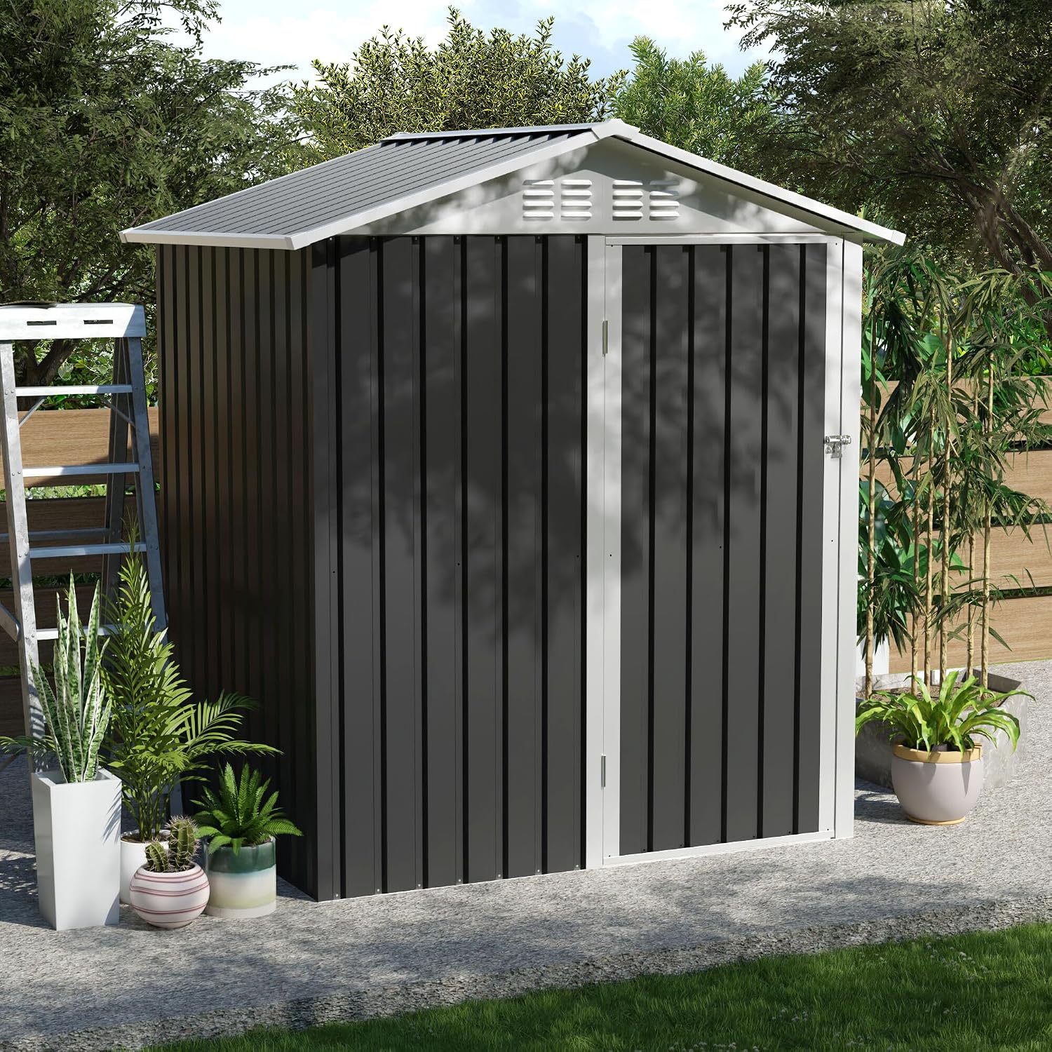 YOPTO 5.4x4.27 FT Outdoor Storage Shed, Metal Garden Tool Shed with Sloping Roof and Lockable Doors for Backyard Garden Patio Lawn, Grey