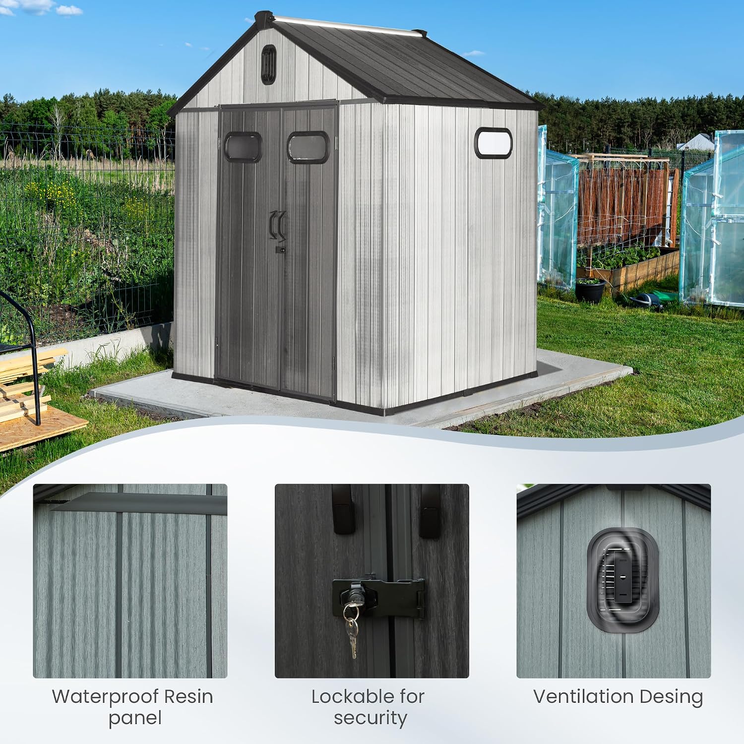 Domi 6x6 FT Outdoor Resin Storage Shed, All-Weather Double-Wall Storage Building for Backyard, Garden, Lawn Tools, Mower, Bike & Pool Equipment, Lockable Doors, Ventilated Roof, Grey