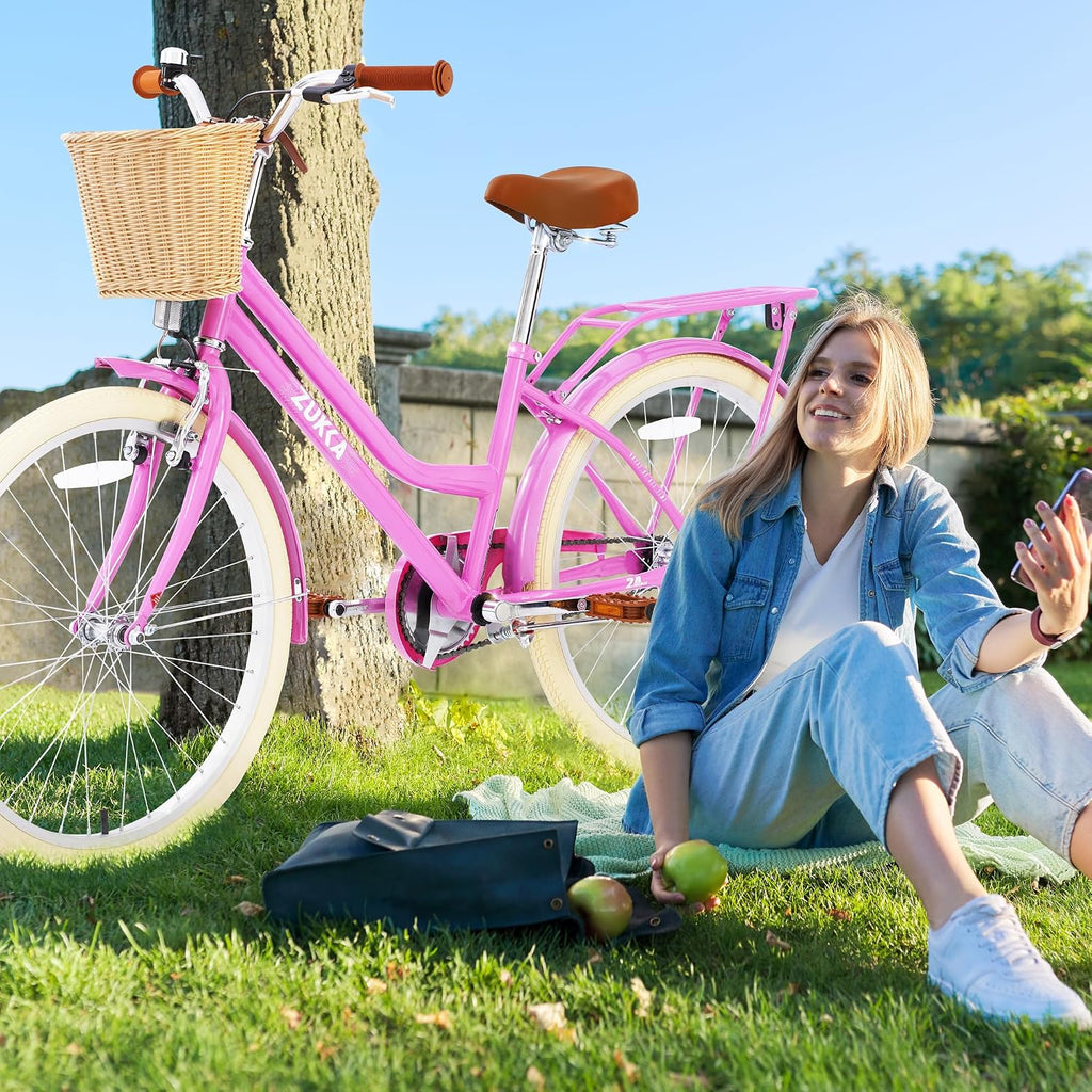 MEGHNA Cruiser Bike 24inch Wheels Girls Women Bike Single Speed Commuter Bike V-Brake and Coast Brake Women Ladys Bicycle, Multicolors