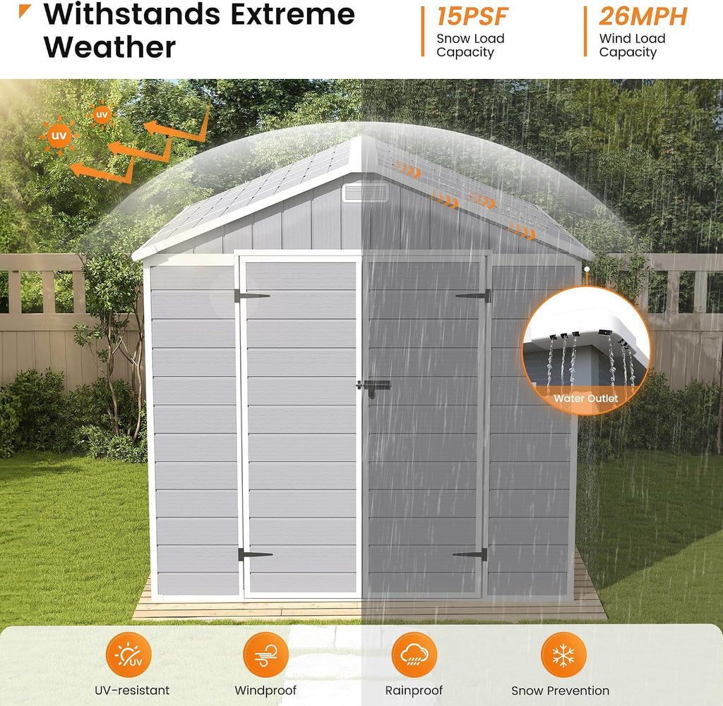UDPATIO Storage Shed 8 x 8 FT, Resin Outdoor Outside Shed Clearance Sheds with Floor Included Plastic Solitude Cottage Shed She Sheds Buildings Garden Tool Shed with Lockable Door Garbage Gray White