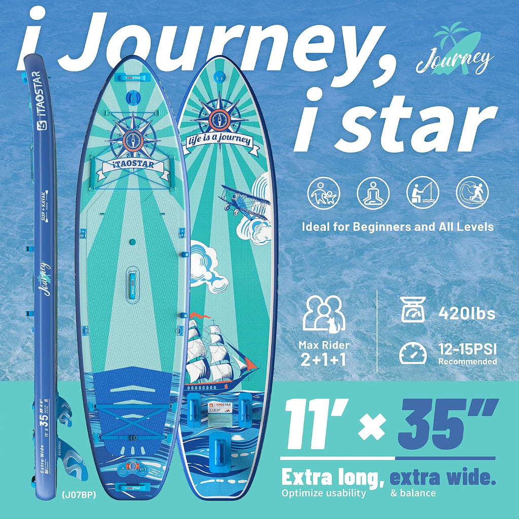 iTAOSTAR Journey 11'6' / 11'×34' / 11'×35' Extra Wide Paddle Board, One-Stop Premium SUP Board Accessories, Tailored Fins, Stable Inflatable Stand Up Paddle Boards for Youth/Adults of All Skill Levels