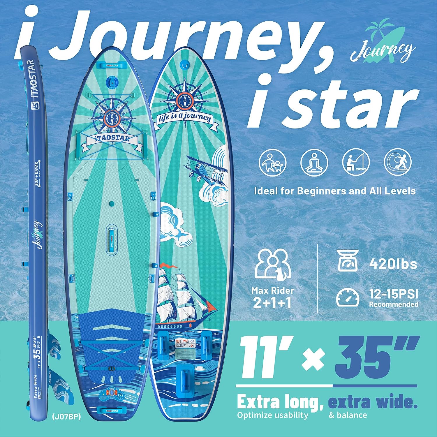 iTAOSTAR Journey 11'6' / 11'×34' / 11'×35' Extra Wide Paddle Board, One-Stop Premium SUP Board Accessories, Tailored Fins, Stable Inflatable Stand Up Paddle Boards for Youth/Adults of All Skill Levels