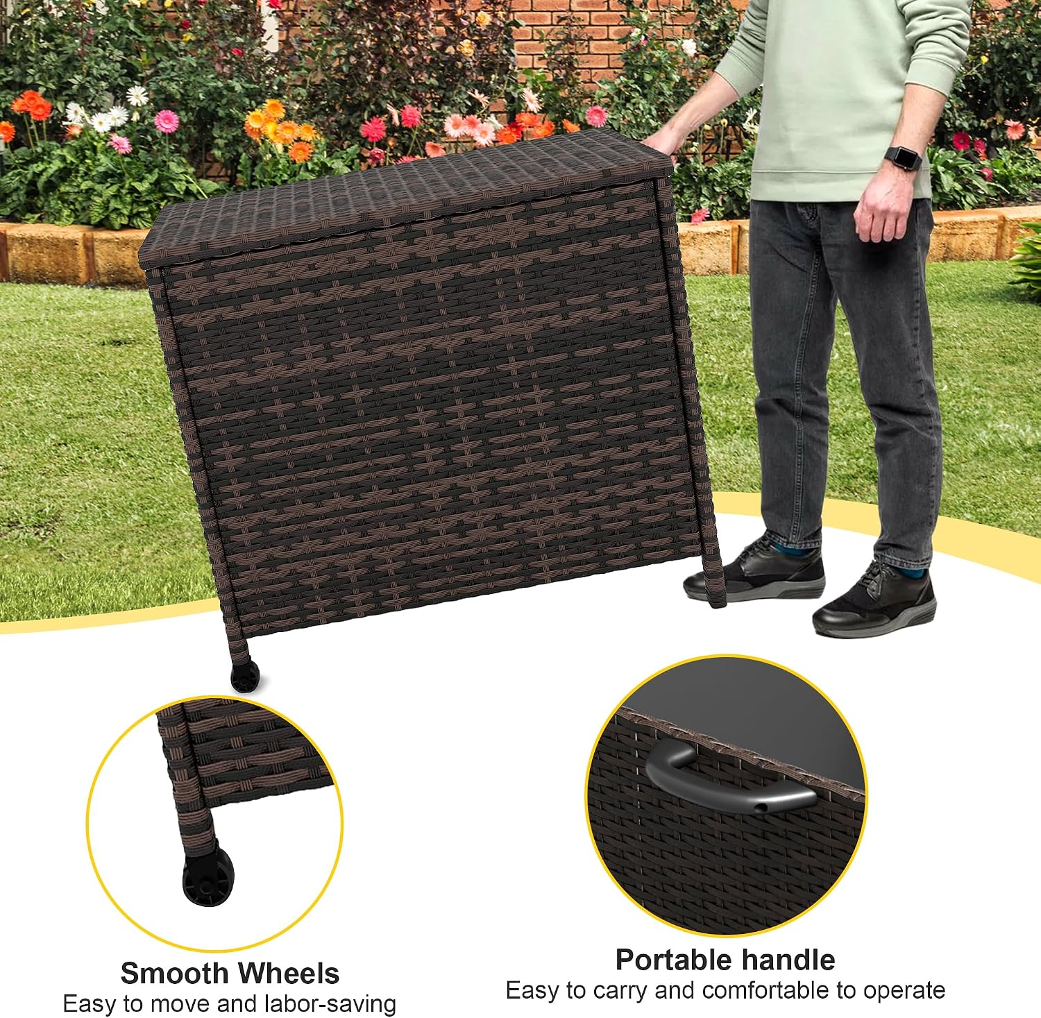 Large Deck Box Waterproof PE Rattan Outdoor Storage Box with Handles and Wheels, Storage Bin for Garden, Balcony, Porch, Pool, Yard (Brown, 80 US Gallon)