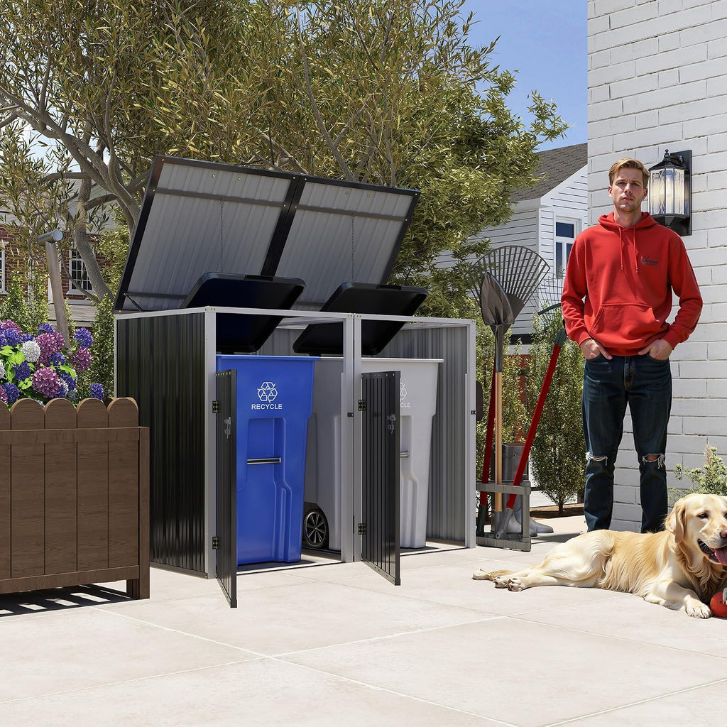 54 Cu Ft Outdoor Storage Shed, Metal Garbage Tool Trash Can Storage, Stainless Galvanized Steel, Pneumatic Support Rod, 2 Chains, Bike Storage Shed for 2 Trash Bins (Dark Gray)